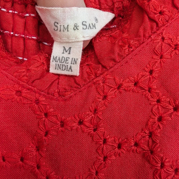Sim & Sam Red Skinny Strap V Neck Eyelet Tiered Dress  Woman Medium - Picture 4 of 9